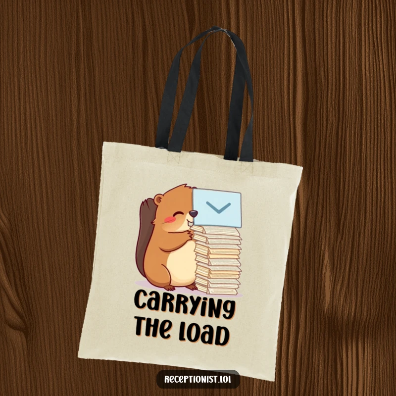 Funny beaver gracefully carrying a load of items in a tote bag, showcasing efficient organization and a humorous, hardworking spirit.