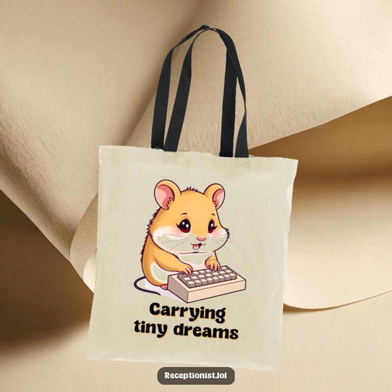 Funny hamster receptionist tote bag, a determined hamster typing on a tiny keyboard with focused energy, practical and humorous.
