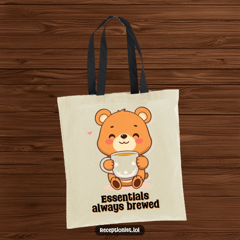 Funny bear tote bag with a smiling character offering a warm cup of tea, a charming and practical accessory for daily use.