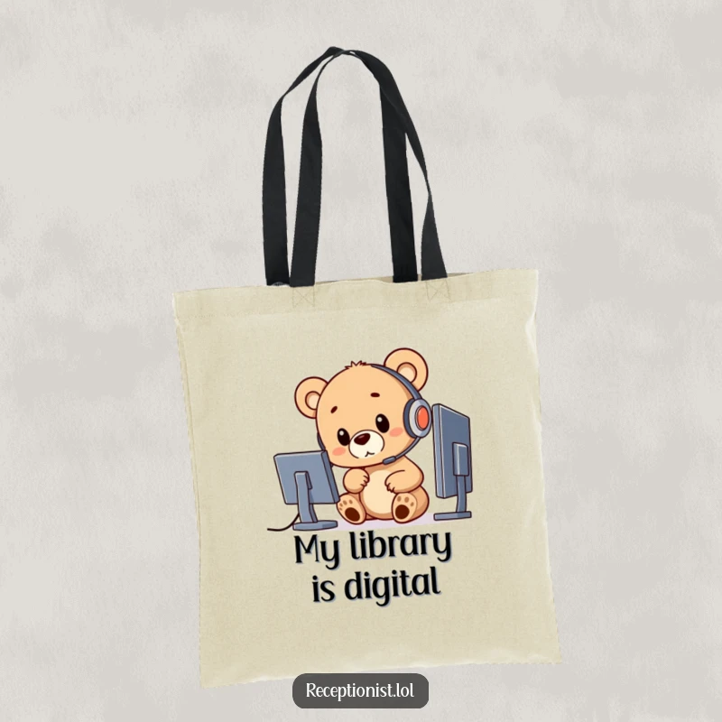 Funny bear cub with a headset and computer, designed as a humorous tote bag for tech lovers.