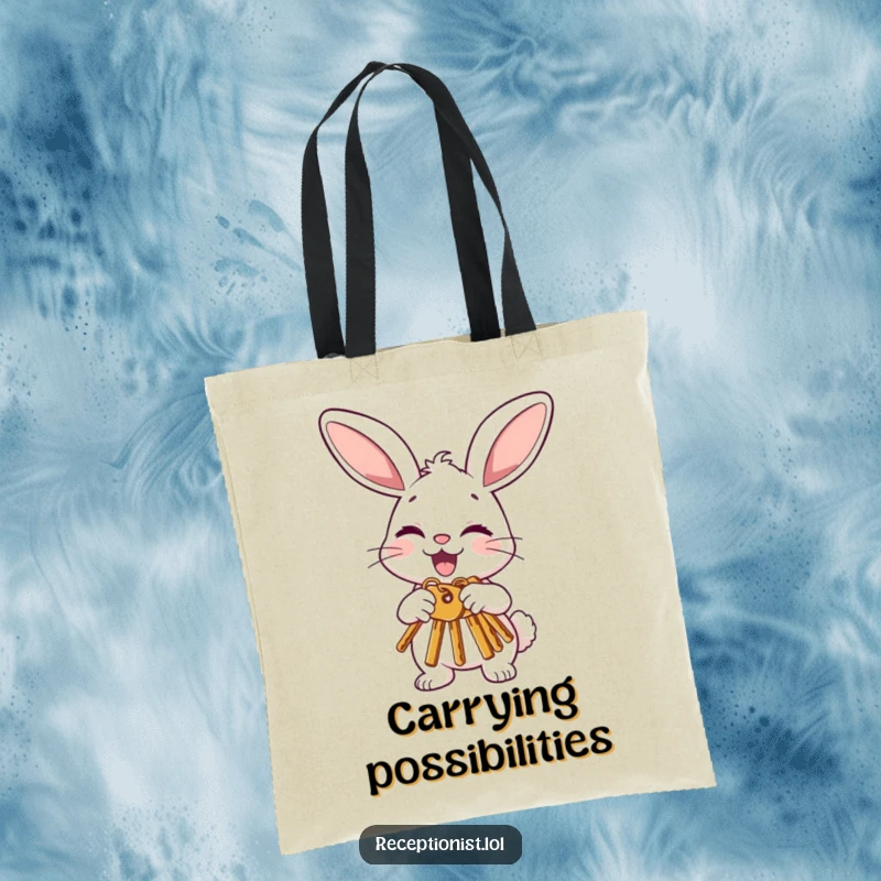 Funny bunny tote bag depicting a joyful character politely offering keys with a nod and a wink, a humorous accessory for new beginnings.