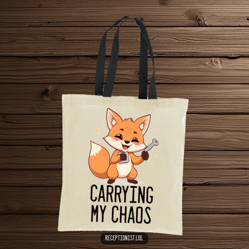 Funny tote bag with a determined fox grinning while juggling keys, perfect for carrying essentials with style.