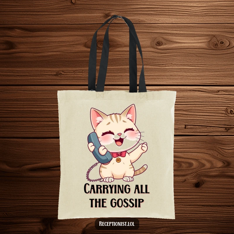 Funny giggling cat receptionist tote bag, stylish everyday carry-all with a mischievous cat handling phone calls.