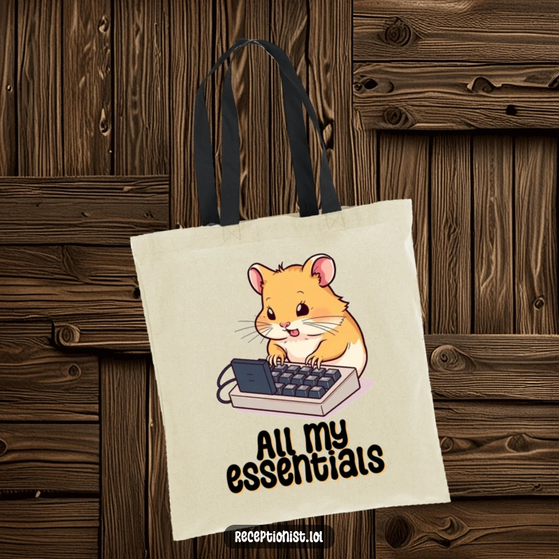 Funny determined hamster typing furiously on a miniature computer keyboard, durable tote bag, humorous accessory for busy individuals.