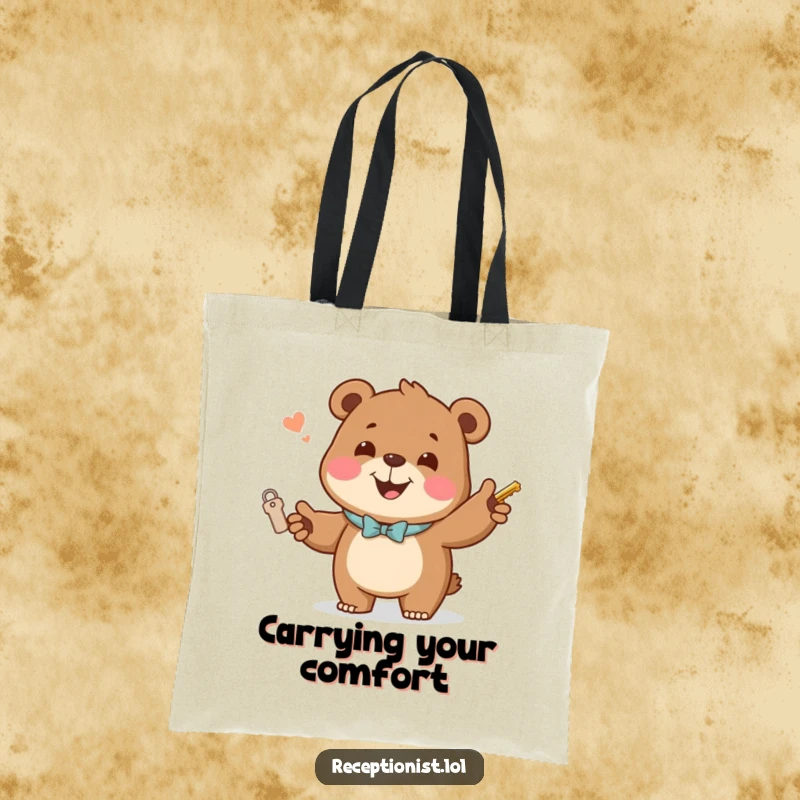Funny Tote Bag showing a jovial bear handing out room keys with a welcoming smile, humorous and practical for hospitality.