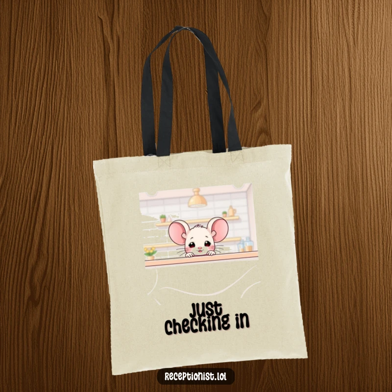 Funny mouse tote bag, a small mouse character peering over a vast counter with a friendly, curious glimmer.