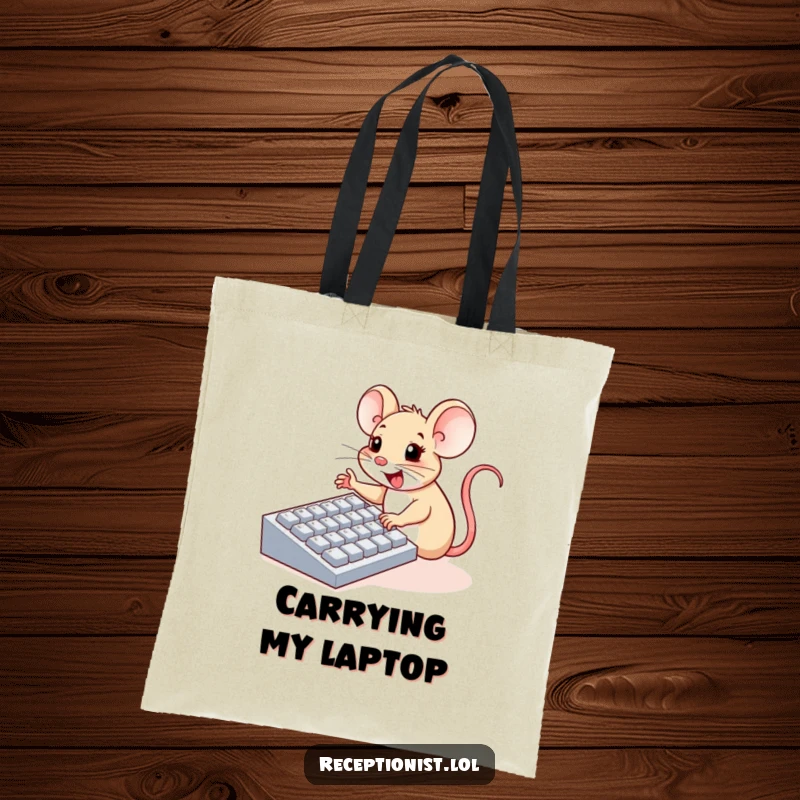 Funny tote bag with a cheerful mouse enthusiastically pressing large computer keyboard buttons with tiny paws, a humorous accessory.