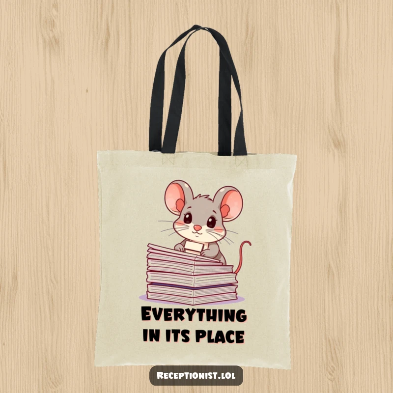 Funny mouse, name tag, organizing papers, on a durable tote bag, illustrating a humorous approach to errands.