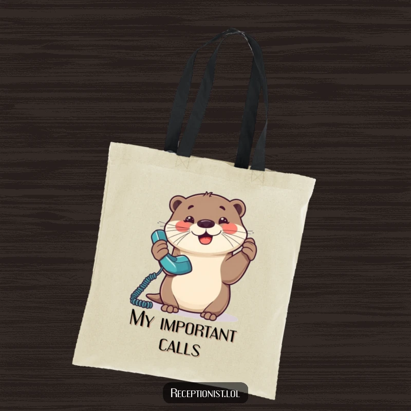 Funny Otter Tote Bag featuring a happy otter energetically answering a ringing phone, symbolizing communication and fun.
