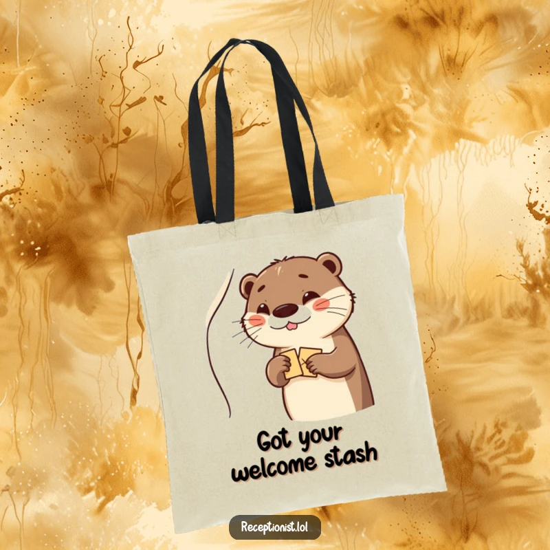 Funny otter offering a wink and a welcome packet, printed on a durable and funny tote bag.