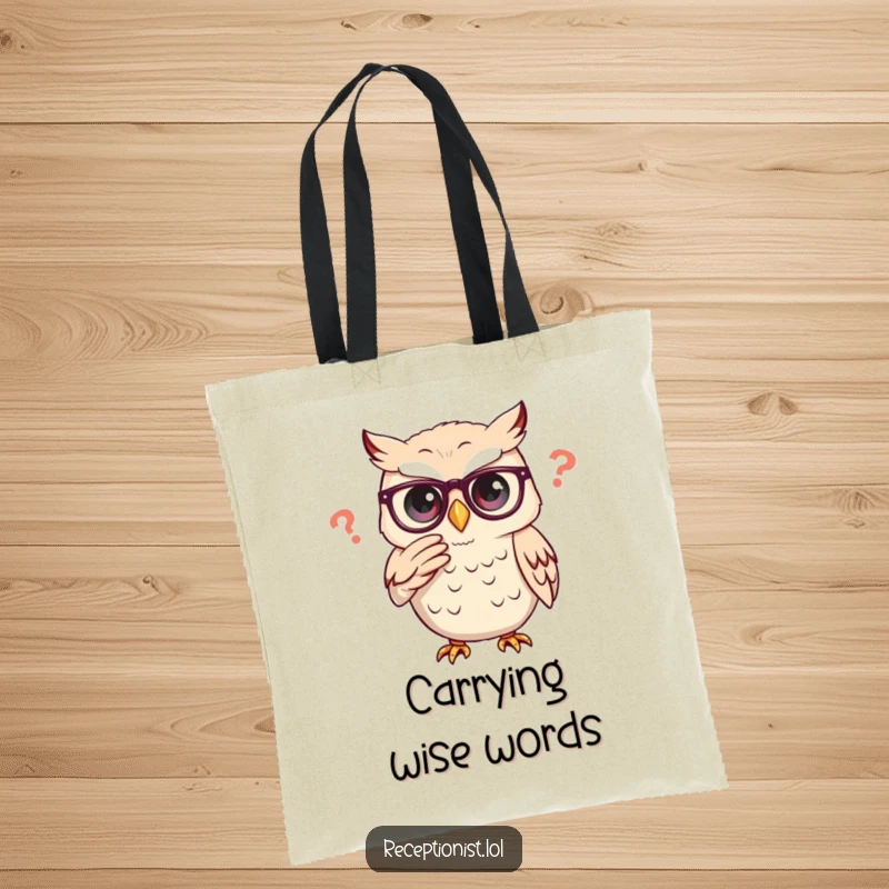Funny owl adjusting glasses thoughtfully, printed on a durable and funny tote bag.