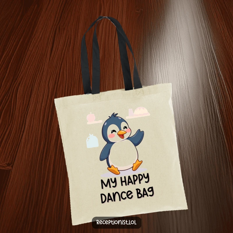 Funny penguin doing a quick greeting dance, printed on a durable and funny tote bag.