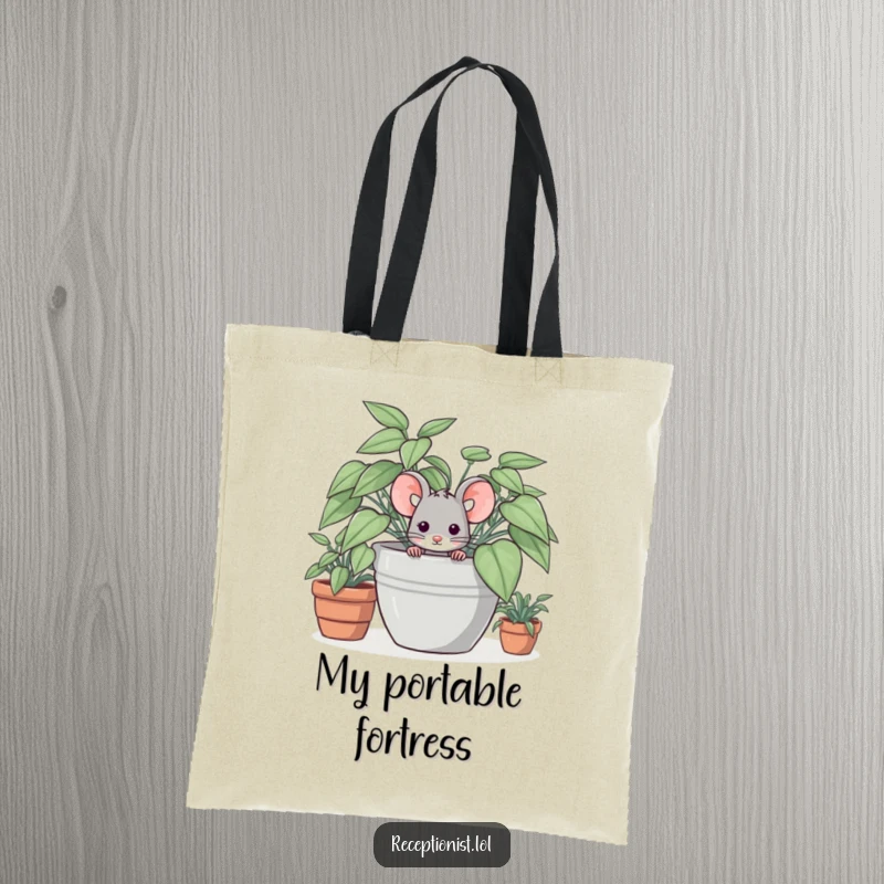 Funny tote bag with a shy mouse character partially hidden behind a potted plant, ideal for carrying essentials discreetly.