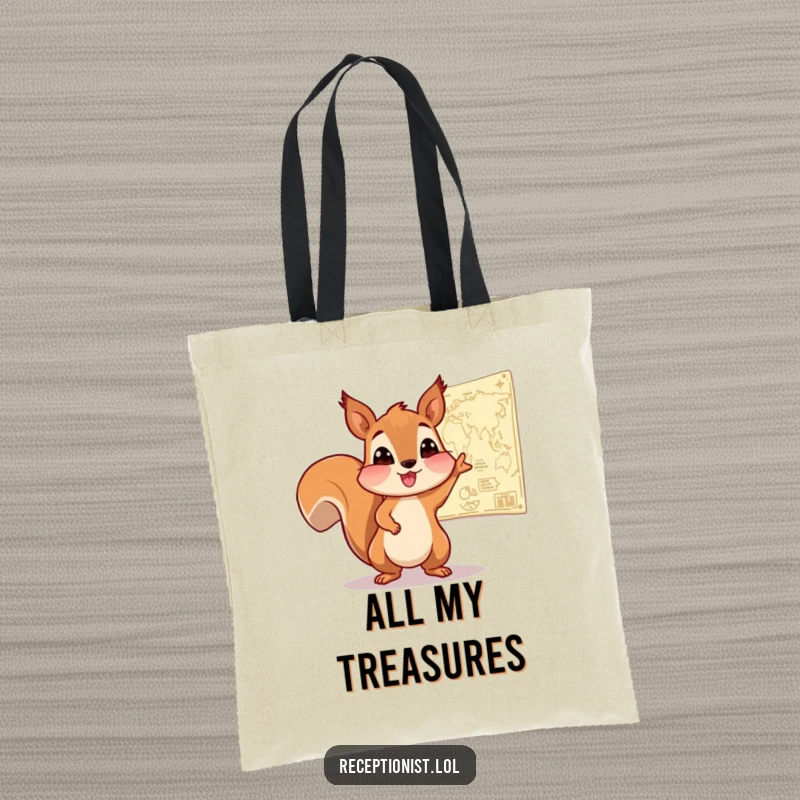 Funny Squirrel Adventure Tote Bag featuring an enthusiastic squirrel pointing to a map on the wall, ideal for humorous travel and organization.