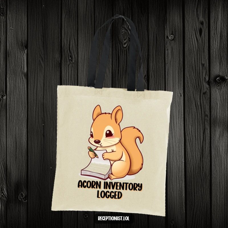 Funny tote bag with a diligent squirrel taking notes on a small notepad, ideal for carrying books and study materials.