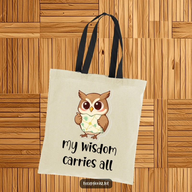 Funny tote bag with a curious owl pointing to a map with a wise expression, perfect for carrying daily items with a touch of wisdom.