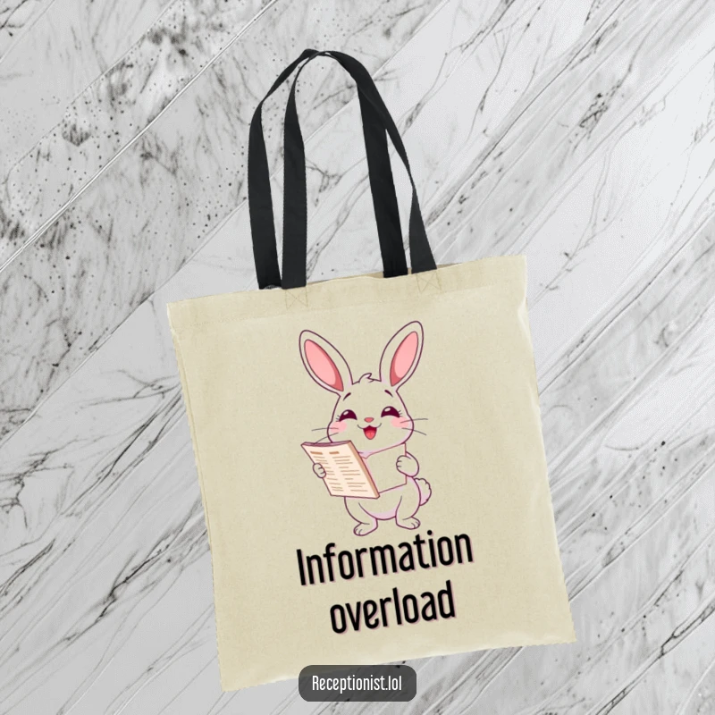 Funny delighted cartoon rabbit holding a directory, helpful smile, stylish tote bag for organizers, humorous accessory.