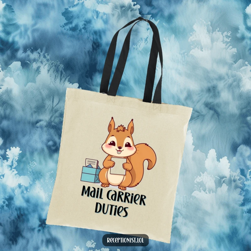 Funny Tote Bag showing a diligent squirrel sorting mail with precision and a satisfied grin, humorous and practical for organizers.