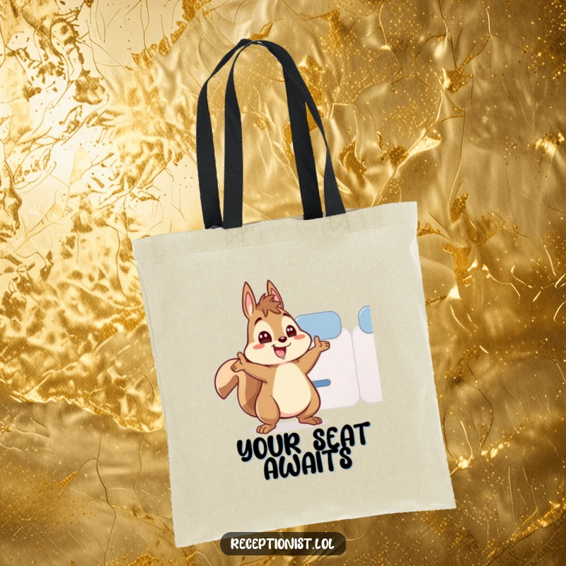 Funny squirrel tote bag, an animated squirrel waving energetically to guide someone to a seat, perfect for daily use.